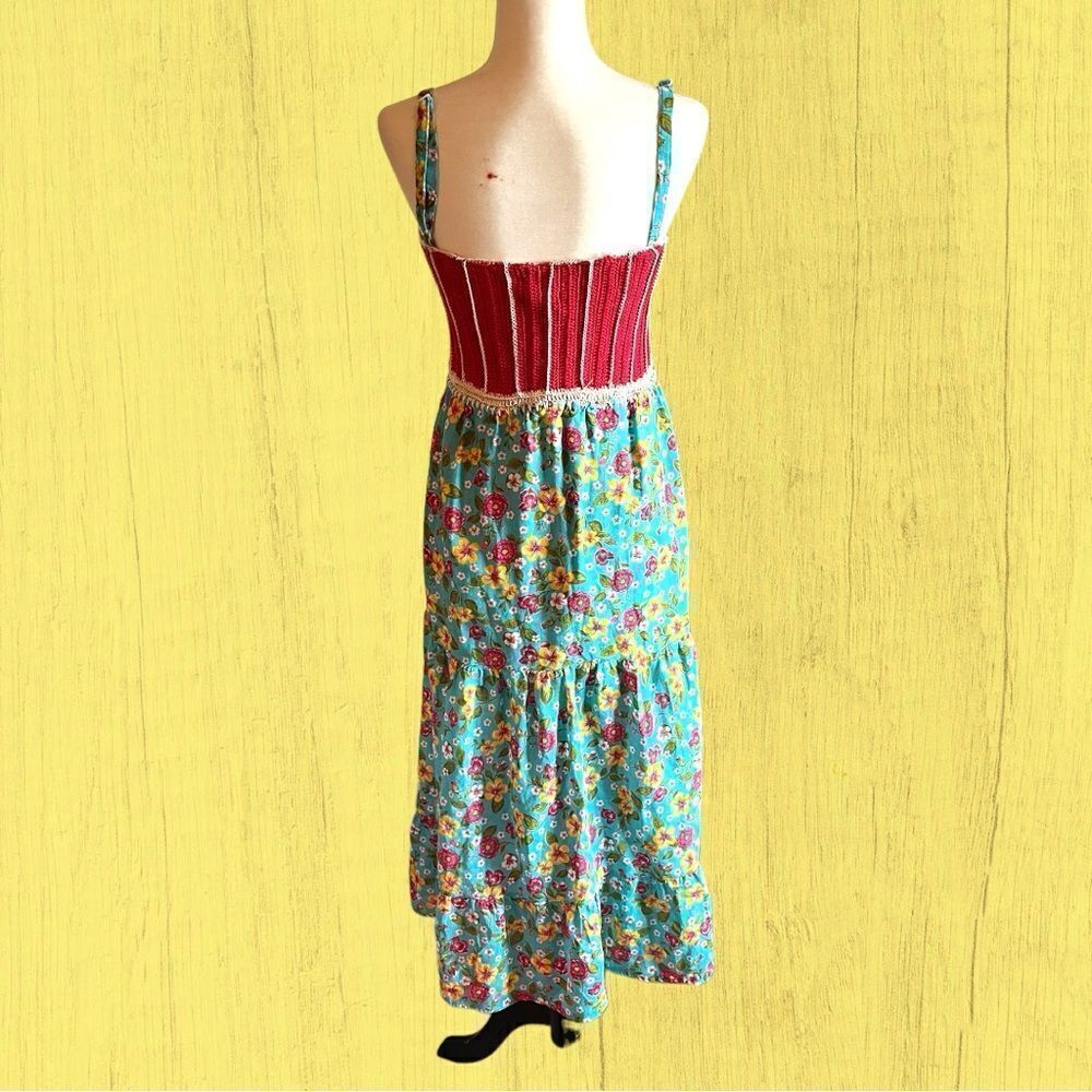 70s vintage crochet lace up dress floral tiered skirt - Picture 3 of 10